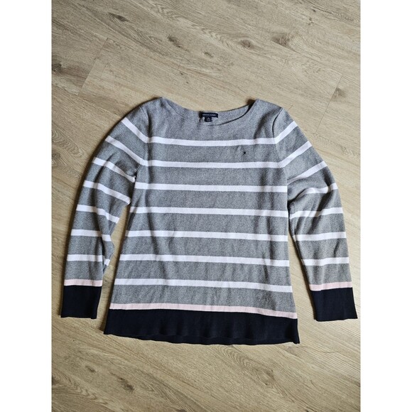 TOMMY HILFIGER Sweater Womens XL Striped Boat Neck Jumper Pullover Cotton Gray - Picture 1 of 6